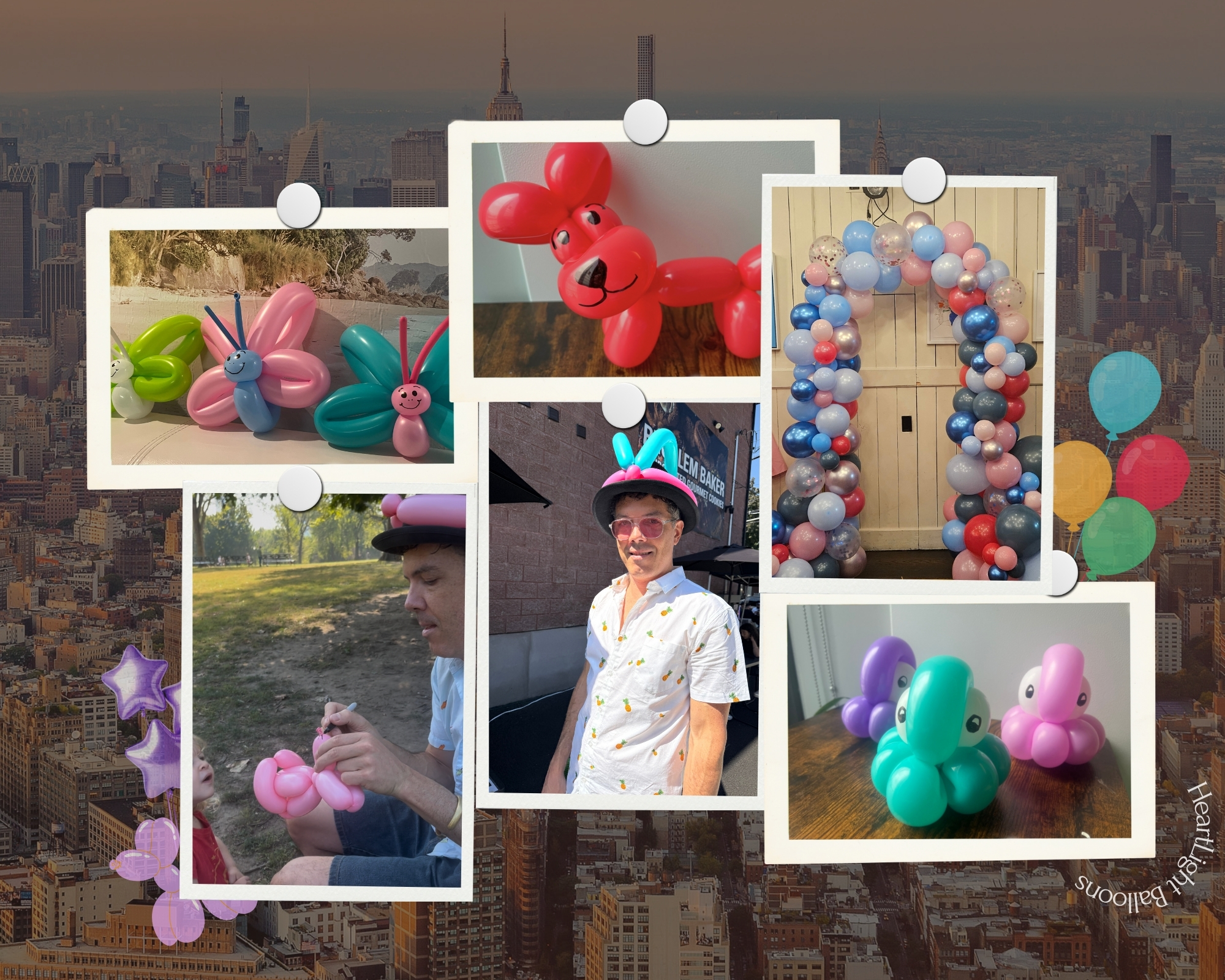 collage of balloon designs by heart light balloons, including balloon animal sculptures and balloon arches