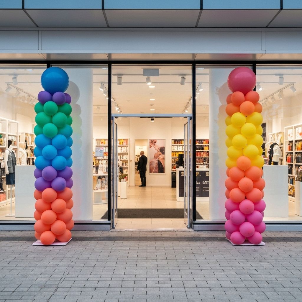 Two multi-colored balloon columns standing on each side of the entrance to a retail store.