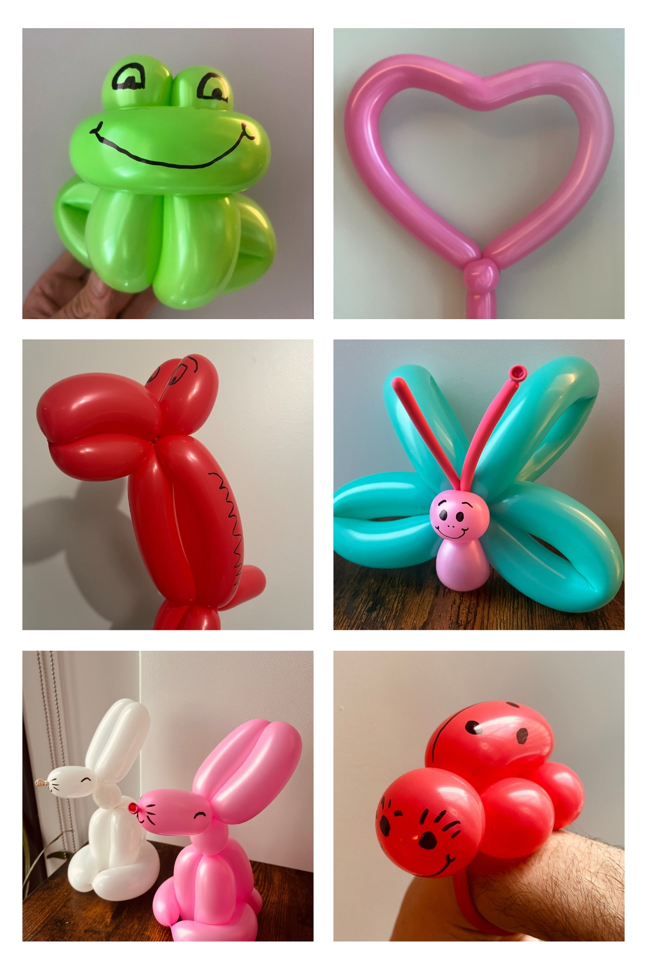 six pictures of various balloon animal sculptures, including a rabbit and a butterfly