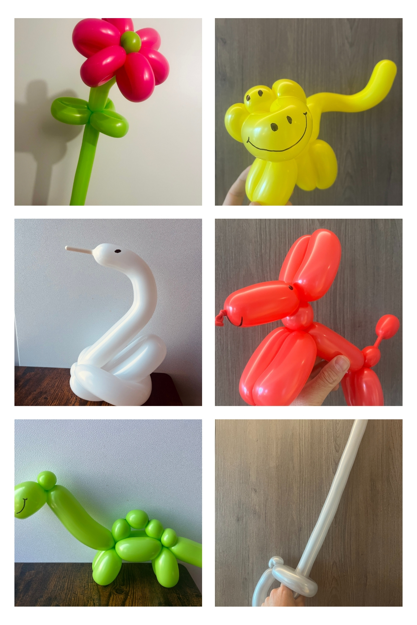 six pictures of various balloon animal sculptures, including a flower and a sword