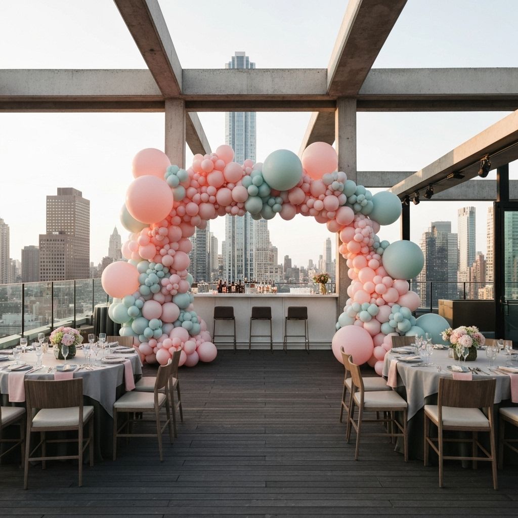 an elaborate, multi-colored balloon arch at a wedding reception in a new york city restaurant