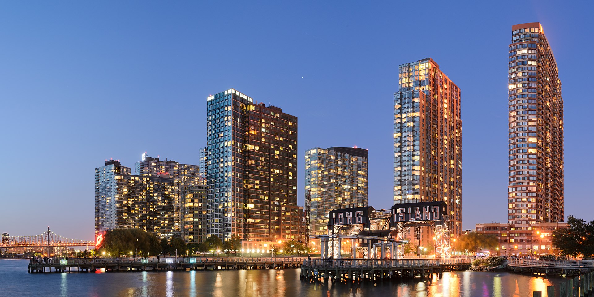 Long Island City waterfront with Manhattan skyline views and Gantry Plaza State Park