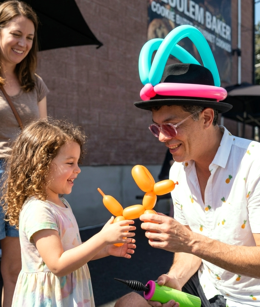 Balloon artist giving balloon dog to happy child at birthday party